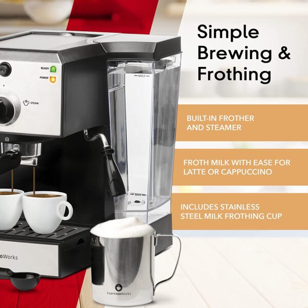 Espresso Machine & Cappuccino Maker with Milk Steamer- 7 pc All-In-One Barista Bundle Set w/ Built-In Milk Frother (Inc: Coffee Bean Grinder, Milk Frothing Cup, Spoon/Tamper & 2 Cups), Silver - Image 3