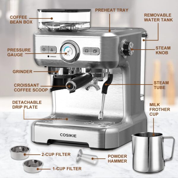 Espresso Machine with Grinder, Semi Automatic Espresso Machine with Steamer Milk Frother, COSIKIE All in One Espresso Coffee Machines 20 Bar, Home Barista Cappuccino Coffee Maker, Gifts for Her or Him - Image 6