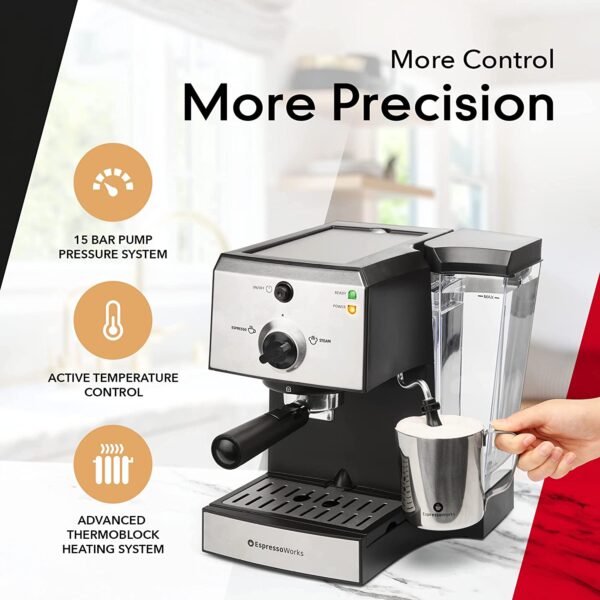 Espresso Machine & Cappuccino Maker with Milk Steamer- 7 pc All-In-One Barista Bundle Set w/ Built-In Milk Frother (Inc: Coffee Bean Grinder, Milk Frothing Cup, Spoon/Tamper & 2 Cups), Silver - Image 7