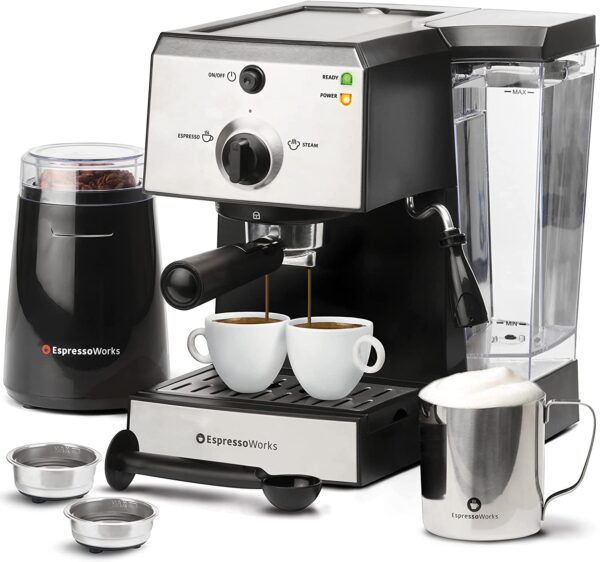 Espresso Machine & Cappuccino Maker with Milk Steamer- 7 pc All-In-One Barista Bundle Set w/ Built-In Milk Frother (Inc: Coffee Bean Grinder, Milk Frothing Cup, Spoon/Tamper & 2 Cups), Silver