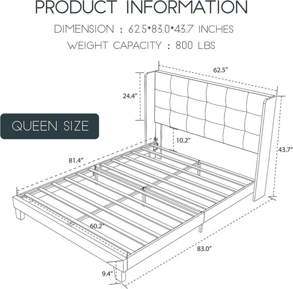 Einfach Queen Upholstered Wingback Platform Bed Frame with Headboard/Mattress Foundation with Wood Slat Support and Square Stitched Headboard/No Box Spring Needed/Easy Assembly, Dark Grey - Image 3