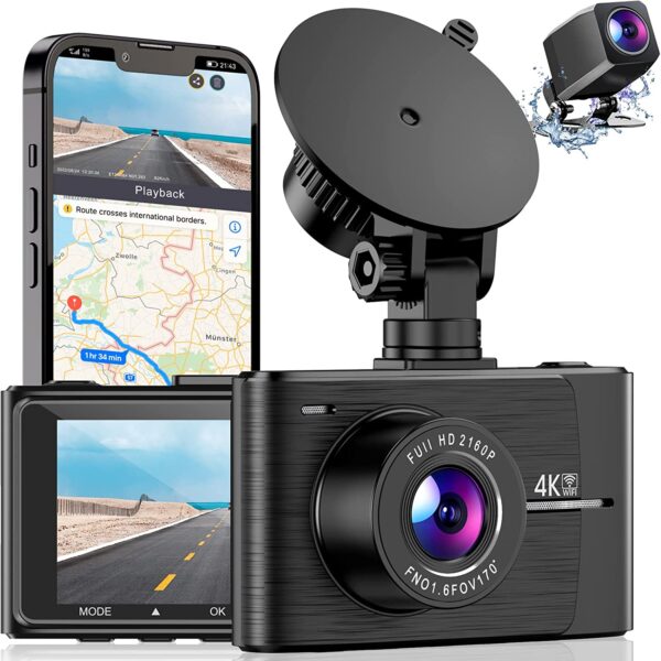 4K Dash Cam with WiFi GPS Front and Rear Dash Camera for Cars 2160P Car Camera with 3 Inch IPS Screen, 170°Wide Angle, Night Vision, WDR, Loop Recording, G-Sensor, Parking Monitor, Free 64GB Card