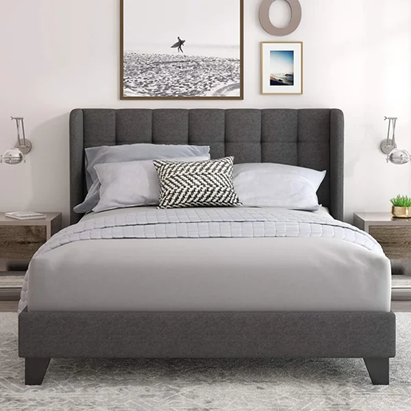 Einfach Queen Upholstered Wingback Platform Bed Frame with Headboard/Mattress Foundation with Wood Slat Support and Square Stitched Headboard/No Box Spring Needed/Easy Assembly, Dark Grey - Image 4