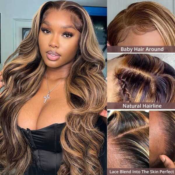 360 Highlight Ombre Lace Front Wigs Human Hair Pre Plucked Honey Blonde Body Wave Lace Front Wigs with Baby Hair Full 360 Glueless HD Transparent Lace Front Human Hair Wigs for Black women 4/27 Colored Human Hair Wig 150 Density （20 Inch，Highlight Lace Front Wigs Human Hair） - Image 3