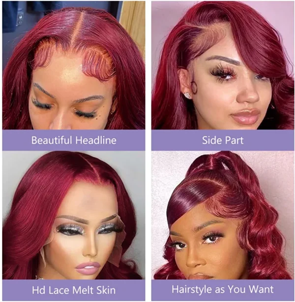 Burgundy Lace Front Wigs Human Hair 16 Inch 99j Body Wave 13x4 Lace Front Human Hair Short Wigs for Women 150% Density Wine Red Glueless Lace Frontal Wigs Pre Plucked Bleached Knots with Baby Hair (16 Inch with 5 Free Gifts) - Image 5