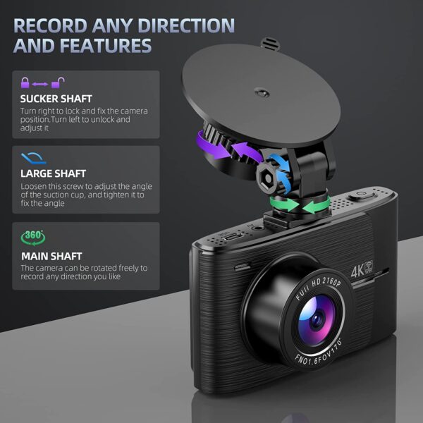 4K Dash Cam with WiFi GPS Front and Rear Dash Camera for Cars 2160P Car Camera with 3 Inch IPS Screen, 170°Wide Angle, Night Vision, WDR, Loop Recording, G-Sensor, Parking Monitor, Free 64GB Card - Image 4