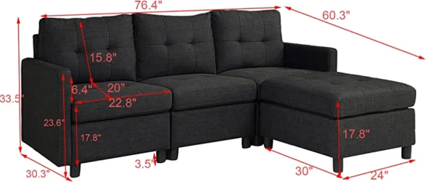 BEEY Reversible Sectional Sofa Set 75" L-Shaped Sofa for Living Room 3-Seater Sectional Corner Couch for Small Apartment,Dark Grey - Image 3