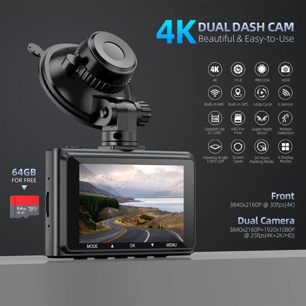 4K Dash Cam with WiFi GPS Front and Rear Dash Camera for Cars 2160P Car Camera with 3 Inch IPS Screen, 170°Wide Angle, Night Vision, WDR, Loop Recording, G-Sensor, Parking Monitor, Free 64GB Card - Image 3