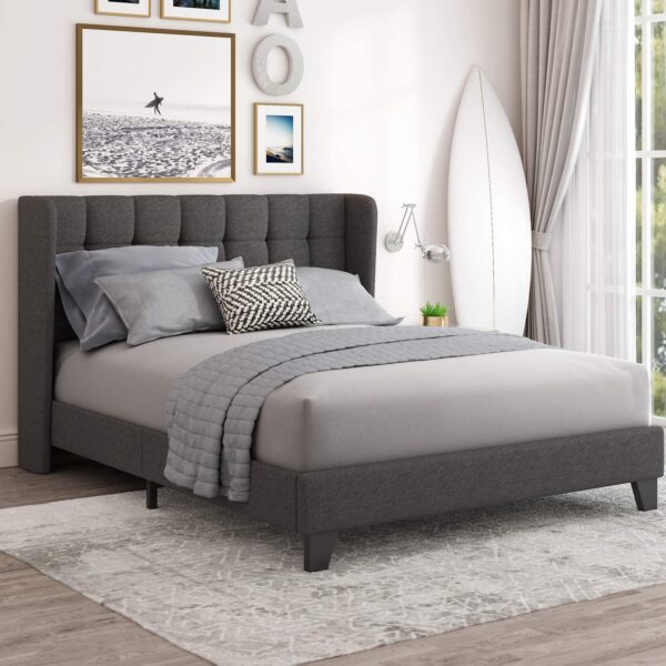 Einfach Queen Upholstered Wingback Platform Bed Frame with Headboard/Mattress Foundation with Wood Slat Support and Square Stitched Headboard/No Box Spring Needed/Easy Assembly, Dark Grey