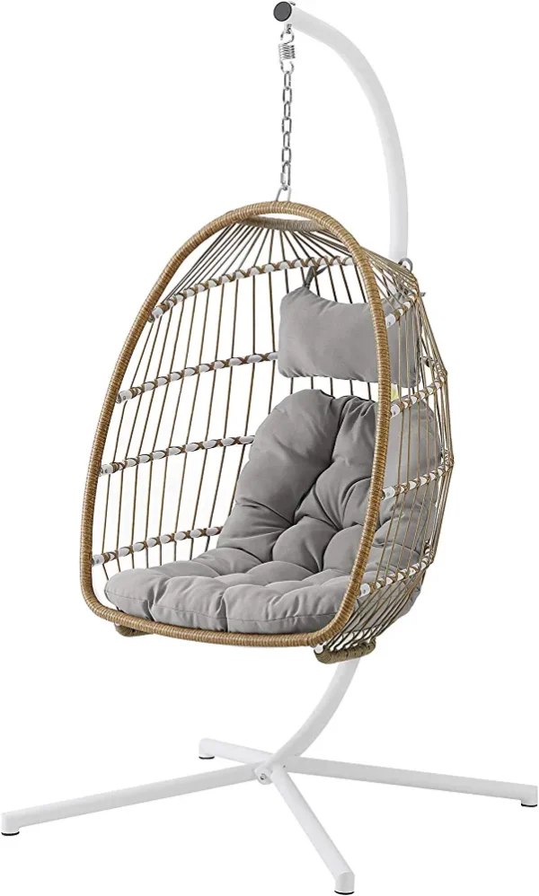 Walker Edison Carmel Modern Rattan Hanging Egg Swing Chair with Stand, 78 Inch, Brown and Grey - Image 7