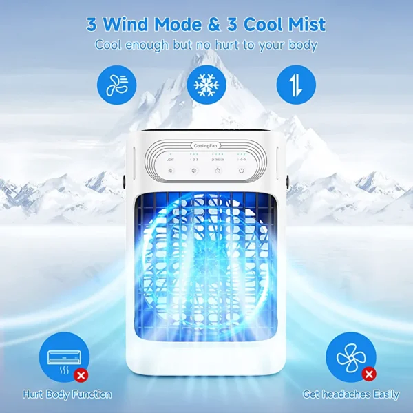 Portable Air Conditioners, TIOKVIOP Evaporative Air Cooler [Upgraded 10W & 3 Cool Mist] 3 in 1, 3 Wind Speed & 7 LED Light, 3 Cool Mist & 2-8H Timer Cold AC, Personal Mini Air Cooling Fan for Room - Image 4