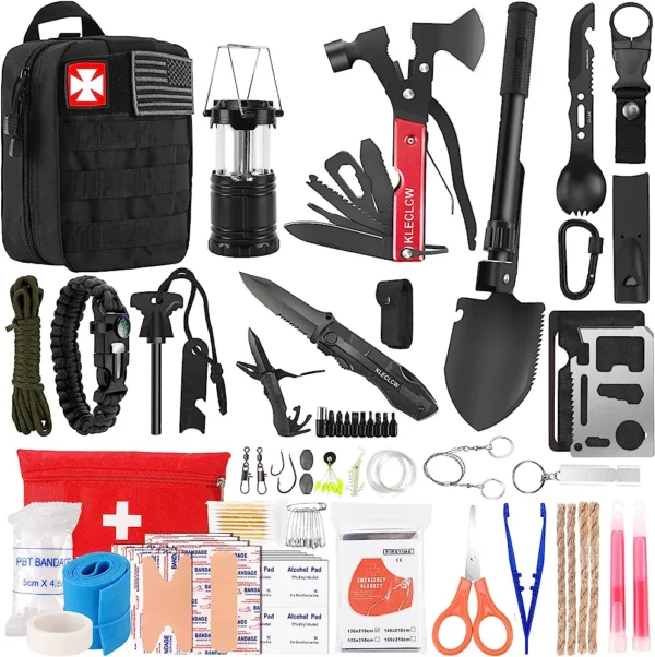 Survival Kit and First Aid kit, 160 Pcs Emergency Supplies Camping Accessories with Upgraded Molle Bag, Including Hatchet Shovel Pliers Lantern, Gifts for Men Outdoor Adventure Camping Hiking Hunting