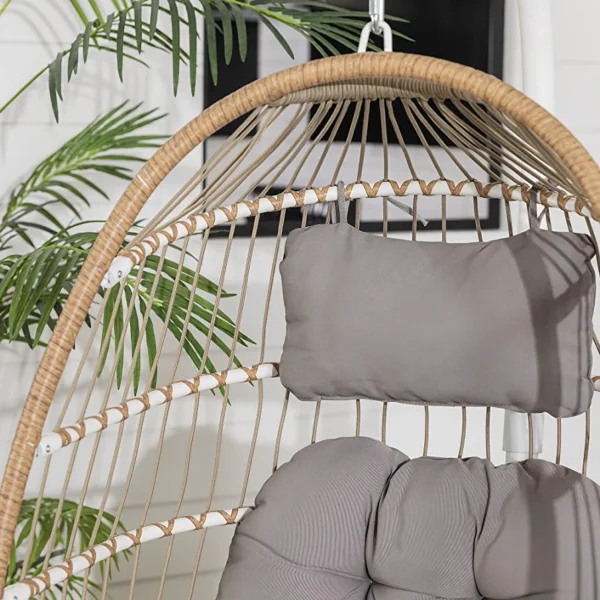 Walker Edison Carmel Modern Rattan Hanging Egg Swing Chair with Stand, 78 Inch, Brown and Grey - Image 5