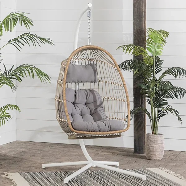 Walker Edison Carmel Modern Rattan Hanging Egg Swing Chair with Stand, 78 Inch, Brown and Grey