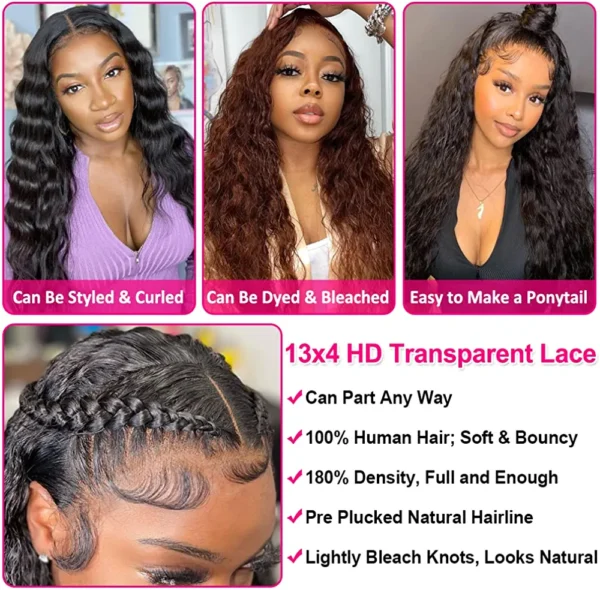 Glueless Water Wave Lace Front Wigs Human Hair Pre Plucked Baby Hair 180 % Density 13x4 HD Transparent Water Wave Frontal Wigs for Black Women Brazilian Virgin Human Hair Water Wave Wigs 26 Inch - Image 7