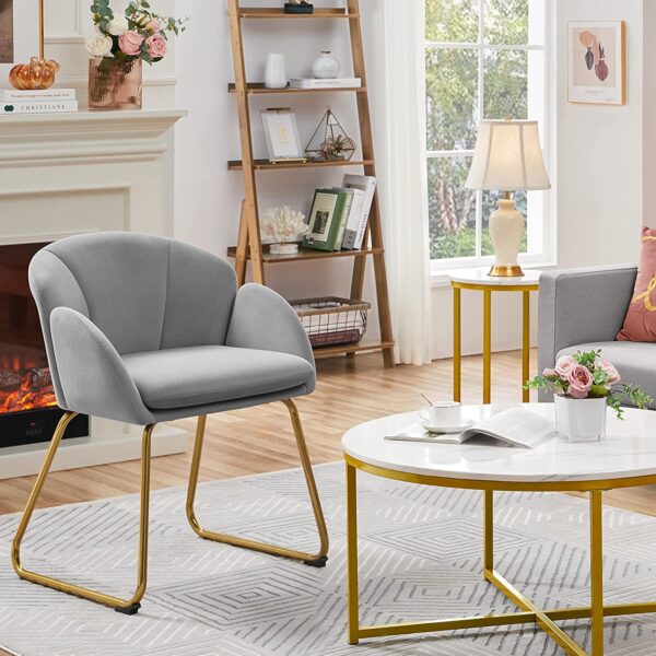 Yaheetech Flower Shape Velvet Armchair, Modern Side Chair Vanity Chair with Golden Metal Legs for Living Room/Dressing Room/Bedroom/Home Office/Kitchen, Gray - Image 2