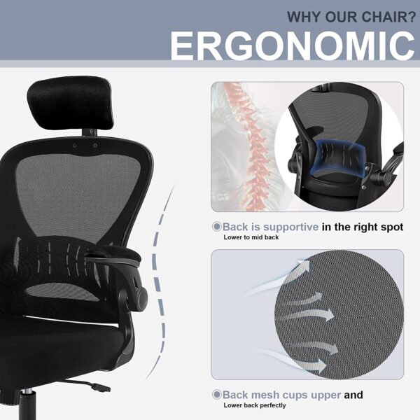 Office Chair Ergonomic Desk Chair Comfort Adjustable Height with Wheels，Lumbar Support Mesh Swivel Computer Home Office Study Task Chair Black - Image 4