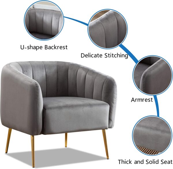 LSSPAID Velvet Accent Chair, Fabric Upholstered Accent Chairs for Living Room, Golden Metal Legs Armchairs, Grey, Set of 1 - Image 8