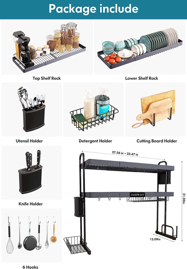 Over Sink Dish Drying Rack, JASIWAY Adjustable 2 Tier Stainless Steel Large Kitchen Dish Drainer(27.5"-33.5"), Expandable Counter Organizer Storage Space Saver Shelf with Utensil Holder and 6 Hooks - Image 6