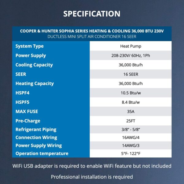 Cooper & Hunter 36,000 BTU Mini Split AC/Heating system Sophia Series 208/230V Heat Pump with 25ft Installation Kit - Image 3