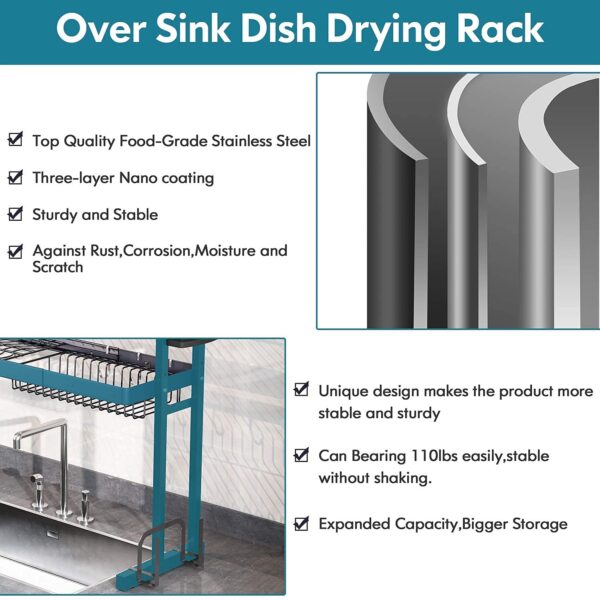 Over Sink Dish Drying Rack, JASIWAY Adjustable 2 Tier Stainless Steel Large Kitchen Dish Drainer(27.5"-33.5"), Expandable Counter Organizer Storage Space Saver Shelf with Utensil Holder and 6 Hooks - Image 3