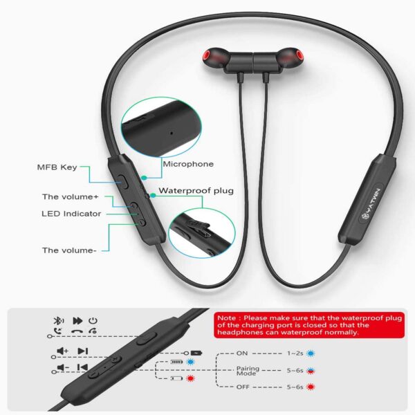 Yatwin Bluetooth In-Ear Headphones - Wireless Magnetic and Neckband Sports Headphones black - Image 2