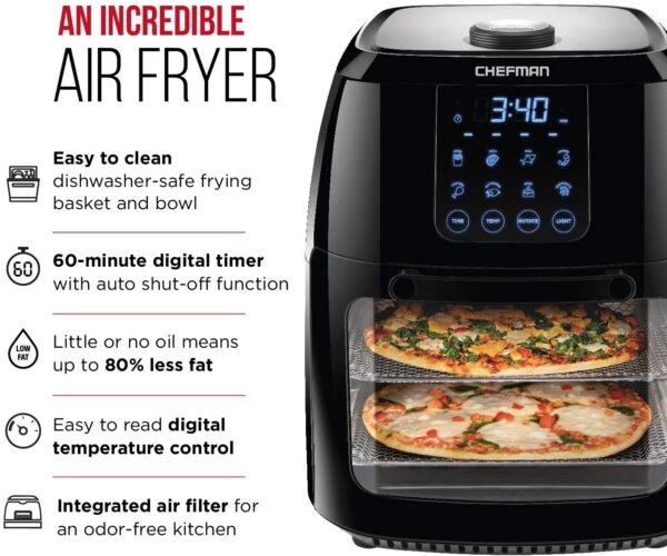 Chefman 6.3 Quart Digital Air Fryer+ Rotisserie, Dehydrator, Convection Oven, 8 Touch Screen Presets Fry, Roast, Dehydrate & Bake, BPA-Free, Auto - Image 7