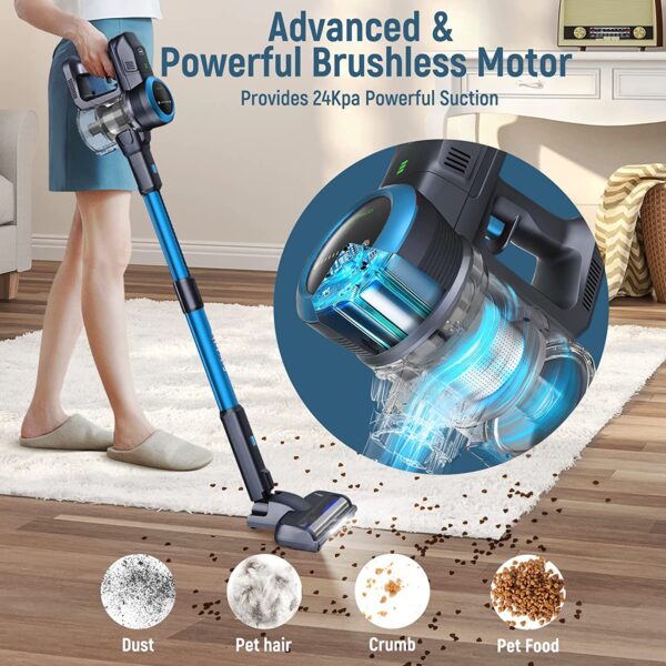 FABULETTA 24 Kpa Cordless Vacuum Cleaner - 6 in 1 Lightweight Stick Vacuum with Powerful Suction 250W Brushless Motor, for Pet Hair Carpet Hard Floor, Max 45 Min Runtime, Led Display, Blue - Image 2