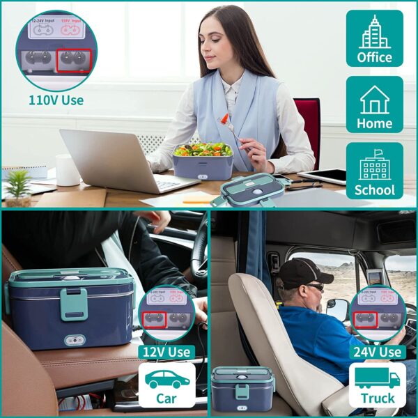 Electric Lunch Box 60W Food Heated 12V 24V 110V Portable Food Warmer Heater for Car/Truck/Home Self Heating Box with 1.8L 304 Stainless Steel Container 0.45L Compartment (Green+Royal blue) - Image 2