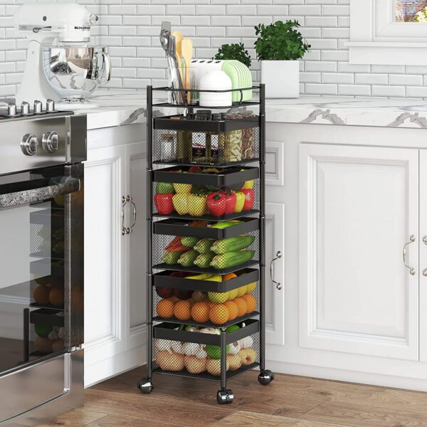 Rotating Multi-Layer Kitchen Storage Shelf,Xinyourui Fruit Vegetable Storage Basket，Floor-Standing Rolling Vertical Shelving，Multifunctional Household Shelf for Bedroom,Bathroom, Black, 5 Tier-Square-new - Image 6