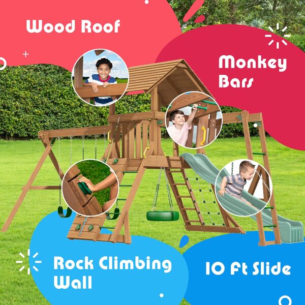 Creative Playthings Northbridge Pack 4 Wooden Swing Set (Made in The USA) for Ages 2 -12 Yrs, with Climbing Wall for Kids, Playground Swings and Slide, Monkey Bars, Tire Swing 22 x 12 x 11ft - Image 3