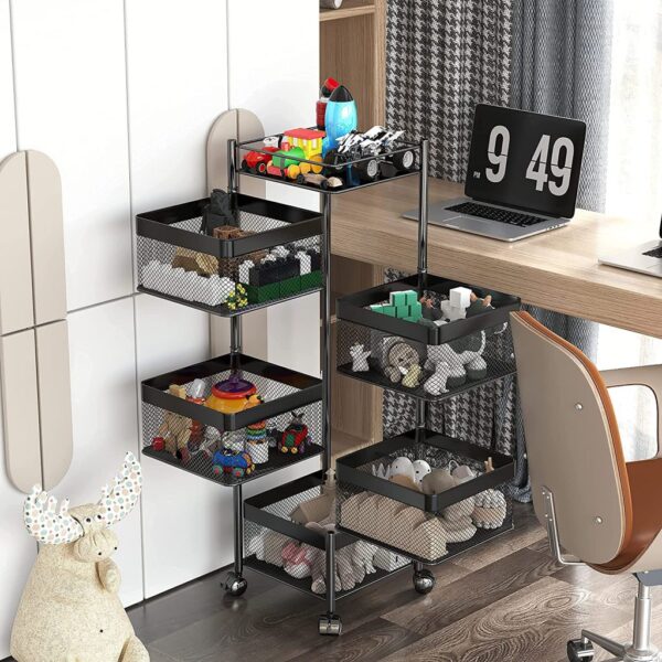 Rotating Multi-Layer Kitchen Storage Shelf,Xinyourui Fruit Vegetable Storage Basket，Floor-Standing Rolling Vertical Shelving，Multifunctional Household Shelf for Bedroom,Bathroom, Black, 5 Tier-Square-new - Image 7