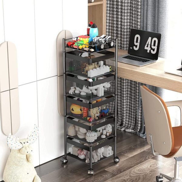 Rotating Multi-Layer Kitchen Storage Shelf,Xinyourui Fruit Vegetable Storage Basket，Floor-Standing Rolling Vertical Shelving，Multifunctional Household Shelf for Bedroom,Bathroom, Black, 5 Tier-Square-new - Image 5