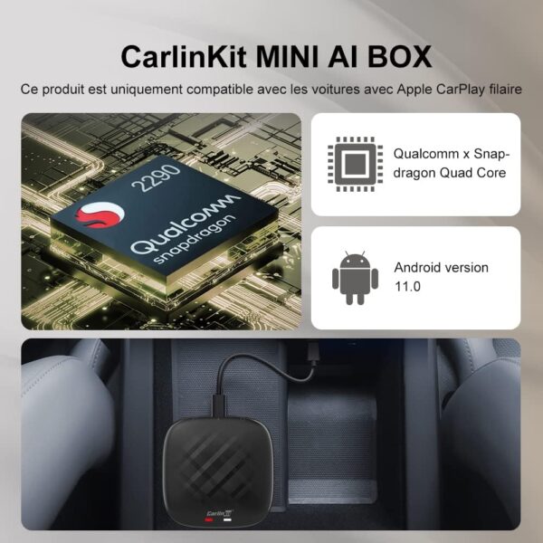 CarlinKit Mini AI Box Carplay sans Fil/Android Auto, Version Android 11.0, mémoire 3 + 32G, pour Les Voitures avec Apple CarPlay câblé en Usine, Prend en Charge Youtube, Netflix, Double Bluetooth - Image 2