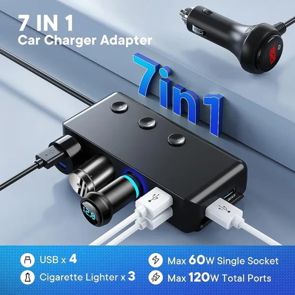 𝟮𝟬𝟮𝟯 𝗡𝗲𝘄 Cigarette Lighter Adapter Quick Charge 3.0, 120W 12V/24V 3-Socket Power Splitter DC Outlet with 8.5A 4 USB Ports - Image 5