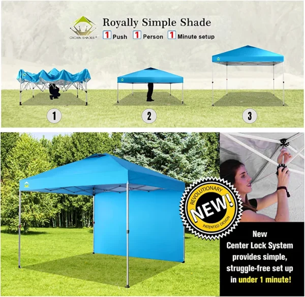 CROWN SHADES 10x10 Pop up Canopy Instant Commercial Canopy Including 1 Removable Sidewall, 4 Ropes, 8 Stakes, 4 Weight Bags, STO 'N Go Bag, Sky Blue - Image 6