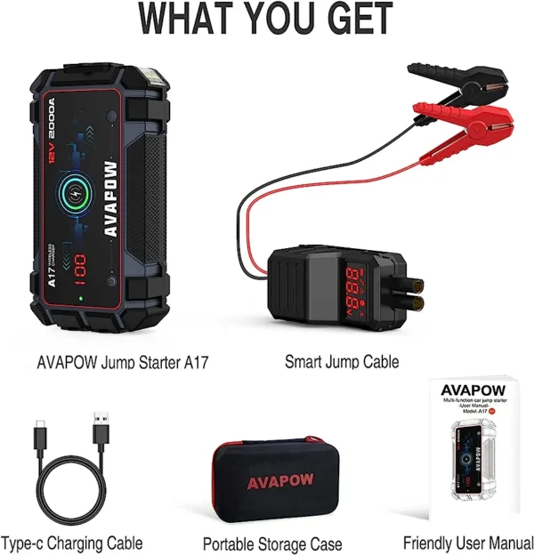 AVAPOW Car Jump Starter 2000A Peak Jump Boxes for Vehicles(12V 8L Gas/6.5L Diesel Engine) Equipped Fast Wireless Charging Jump Starter Battery Pack - Image 2