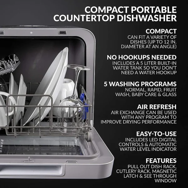 Farberware ‎FDW05ASBWHA Portable Countertop Dishwasher with 5-Liter Built-in Water Tank - 5-Program System for Home, RV, and Apartment - Wash Dishes, Glass, Fruit, and Baby Products - Image 2