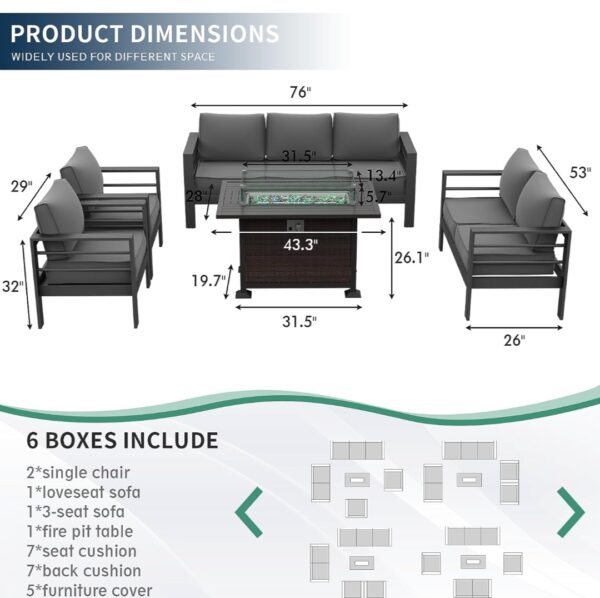 Amopatio Patio Furniture Set with Fire Pit Table, 8 Pcs Aluminum Outdoor Sectional Metal Modern Patio Sofa Sets, 44" Gas Fire Pit Conversation Set for Yard, Dark Grey(Included Waterproof Covers - Image 2