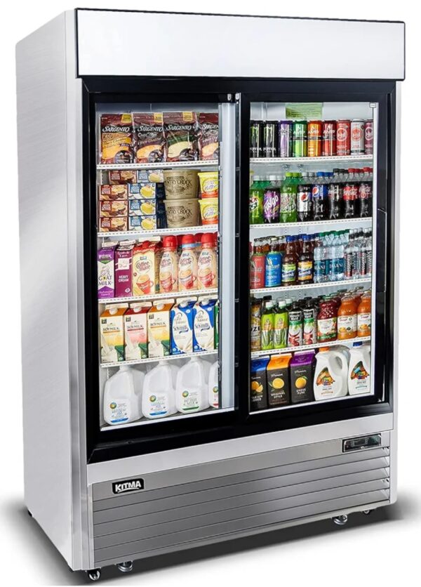 KITMA Two Section Glass Sliding Door Reach-In Refrigerator - Commercial Glass 2 Door Display Refrigerator Merchandiser - Upright Beverage Cooler with LED Lighting - 48 Cu. Ft