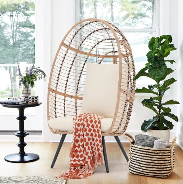 Patiorama Wicker Egg Chair Outdoor Indoor, Rattan Lounge Chair for Outside w/Legs Cushion, Basket Wicker Chair for Bedroom Living Room Front Porch Backyard Garden 350 lbs Capacity (Creamy White) - Image 5