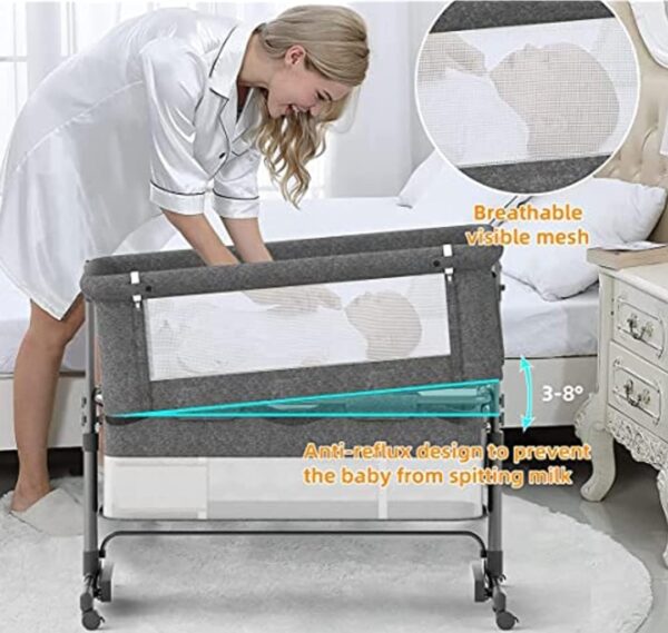 Baby Bassinets Bedside Sleeper Baby Crib Portable Baby Crib with Storage Basket Easy Folding Bedside with Breathable Mattress Adjustable Height (Grey) - Image 5