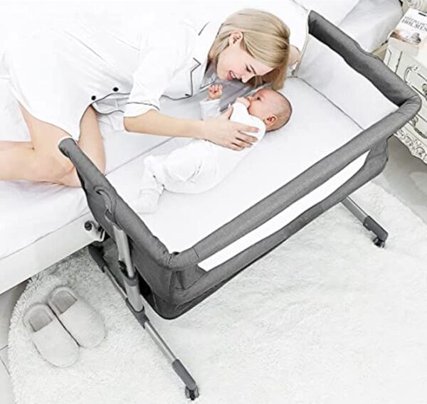 Baby Bassinets Bedside Sleeper Baby Crib Portable Baby Crib with Storage Basket Easy Folding Bedside with Breathable Mattress Adjustable Height (Grey) - Image 2