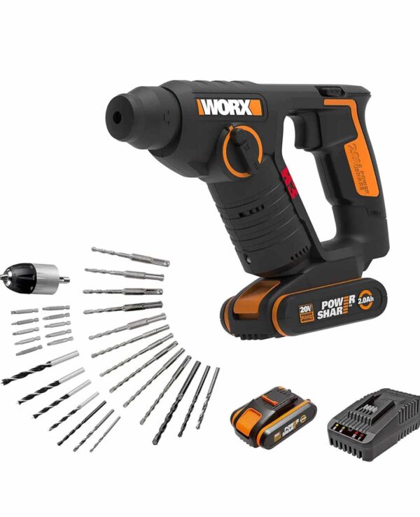 WORX 18 V (MAX20 V) Batteridriven hammare WX394.5, Powershare, SDS-plus borrmaskin med pneumatisk hammarverk för skruvning, borrning och hammare – 1,2 joule slagenergi – 1 timme. Snabbladdare och väska