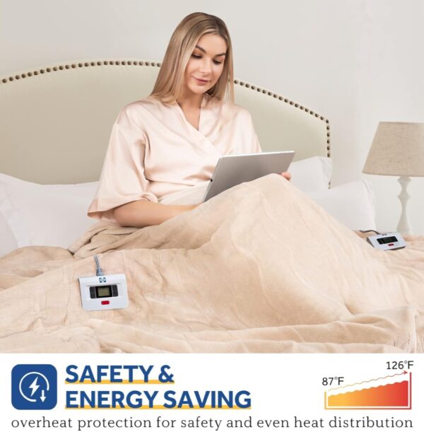 SEALY Electric Blanket King Size, Flannel Heated Blanket with 10 Heating Levels & 1-12 Hours Auto Shut Off, Fast Heating Warm Blanket, Machine Washable, Beige, 100 x 90 Inch - Image 5