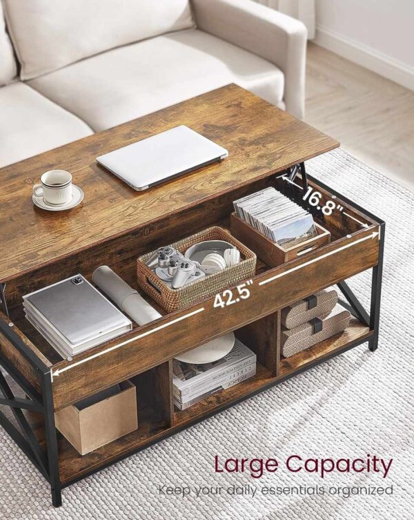 VASAGLE Lift Top Coffee Table, Lift Coffee Table with Storage Shelf, Hidden Compartments and Lifting Top, for Living Room, Office, 19.7 x 47.2 x (19.3-24.4) Inches, Rustic Brown and Black ULCT212B01 - Image 4