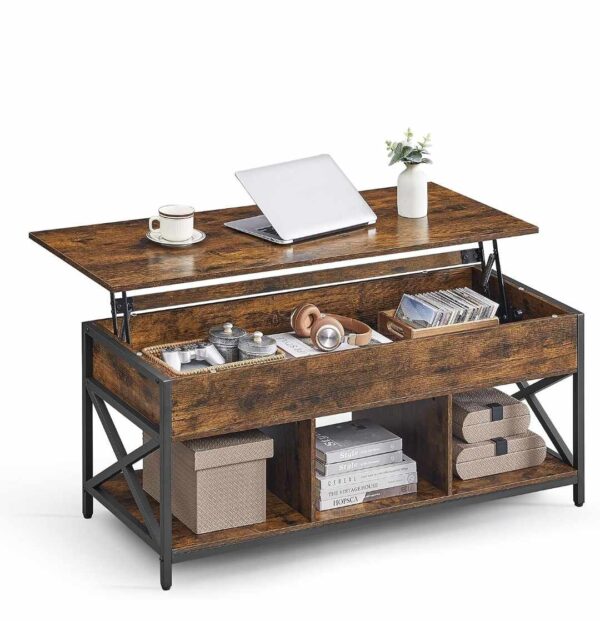 VASAGLE Lift Top Coffee Table, Lift Coffee Table with Storage Shelf, Hidden Compartments and Lifting Top, for Living Room, Office, 19.7 x 47.2 x (19.3-24.4) Inches, Rustic Brown and Black ULCT212B01