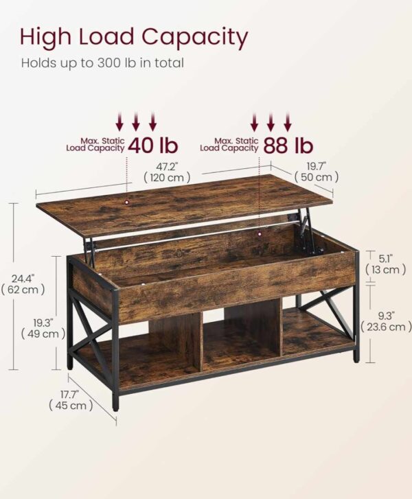 VASAGLE Lift Top Coffee Table, Lift Coffee Table with Storage Shelf, Hidden Compartments and Lifting Top, for Living Room, Office, 19.7 x 47.2 x (19.3-24.4) Inches, Rustic Brown and Black ULCT212B01 - Image 2