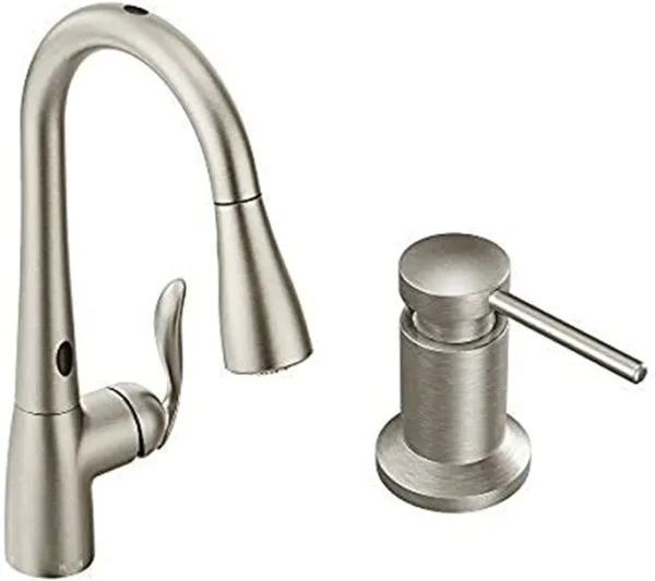 Moen 7594ESRS Arbor Motionsense Two-Sensor Touchless One-Handle Pulldown Kitchen Faucet Featuring Power Clean, Spot Resist Stainless AND Deck Mounted Kitchen Soap Dispenser