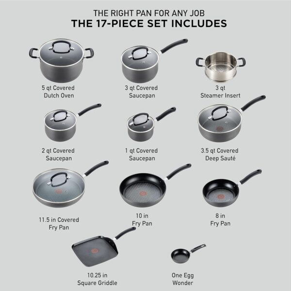 T-fal Ultimate Hard Anodized Nonstick Cookware Set 17 Piece Oven Safe 400F, Lid Safe 350F Pots and Pans, Dishwasher Safe Black - Image 2